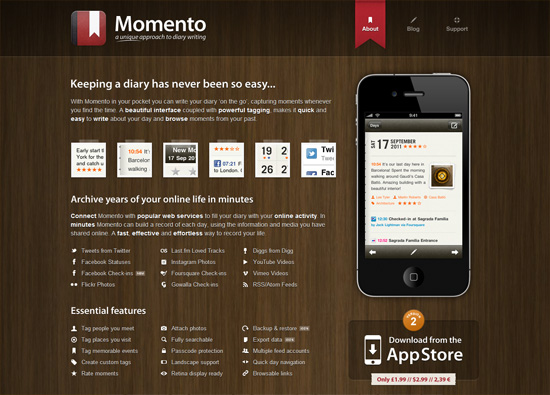 iOS app website design: Momento